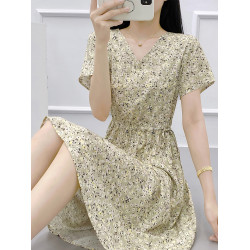 高級棉綢連衣裙新款2025女夏季可外穿碎花V領收腰人造棉大擺裙子