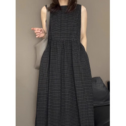日系氣質復古格紋長款棉麻連衣裙女2025夏季簡單大方顯瘦背心裙子