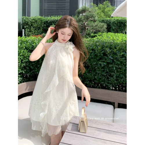 FanyFloss法式立體花朵亮片掛脖連衣裙女夏重工荷葉邊釘鑽娃娃裙