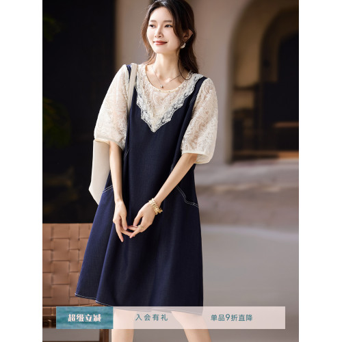 素木蕾絲釘珠牛仔連衣裙女夏季2025年歐洲站大碼裙子新款寬松女裝