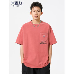 高級純棉刺綉短袖男T恤2025新款美式復古重磅水洗做舊紅色上衣潮