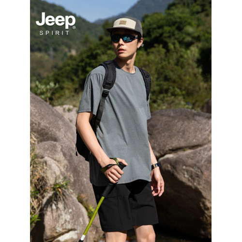 Jeep spirit涼感速乾男t恤短袖薄款戶外運動冰絲防曬純色體恤衫潮