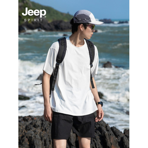 Jeep spirit涼感速乾男t恤短袖薄款戶外運動冰絲防曬純色體恤衫潮