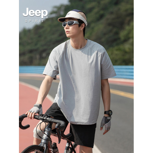 Jeep spirit涼感速乾男t恤短袖薄款戶外運動冰絲防曬純色體恤衫潮
