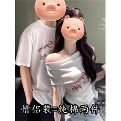 ins超火一字肩情侶裝短袖夏季辣妹修身斜肩短款女寬松男t恤兩件裝