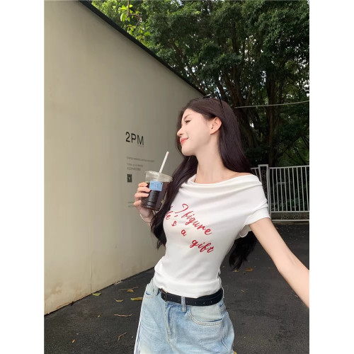 ins超火一字肩情侶裝短袖夏季辣妹修身斜肩短款女寬松男t恤兩件裝