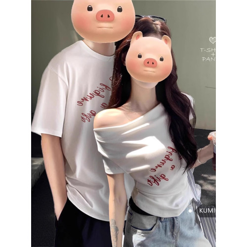 ins超火一字肩情侶裝短袖夏季辣妹修身斜肩短款女寬松男t恤兩件裝