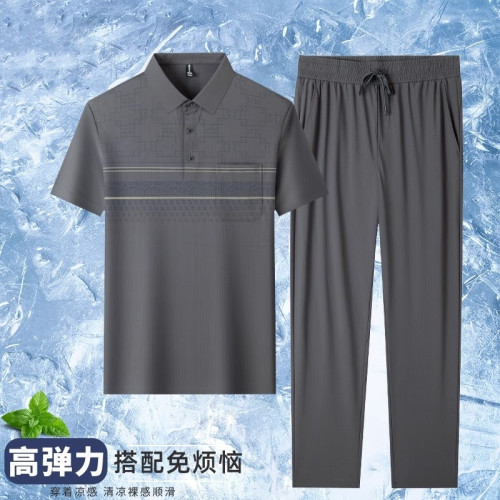 皮爾卡丹夏季爸爸套裝男士短袖冰絲POLO+休閒褲子男T恤父親兩件套