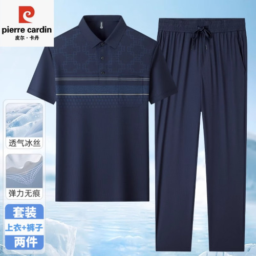 皮爾卡丹夏季爸爸套裝男士短袖冰絲POLO+休閒褲子男T恤父親兩件套