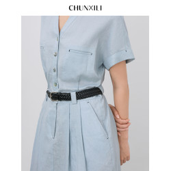 chunxili/春熙裡 夏季短袖襯衣裙 配腰帶修身氣質 100亞麻連衣裙