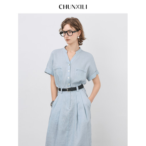 chunxili/春熙裡 夏季短袖襯衣裙 配腰帶修身氣質 100亞麻連衣裙