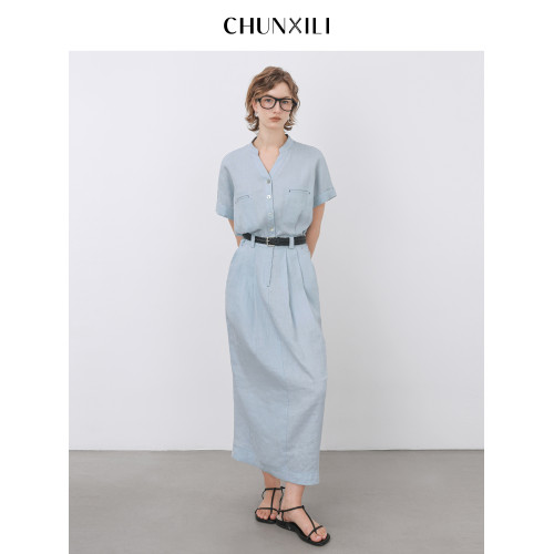 chunxili/春熙裡 夏季短袖襯衣裙 配腰帶修身氣質 100亞麻連衣裙