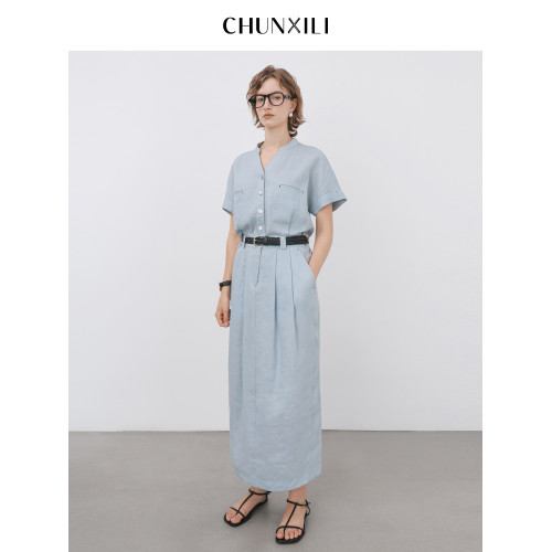 chunxili/春熙裡 夏季短袖襯衣裙 配腰帶修身氣質 100亞麻連衣裙