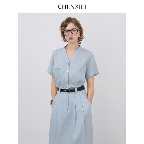 chunxili/春熙裡 夏季短袖襯衣裙 配腰帶修身氣質 100亞麻連衣裙