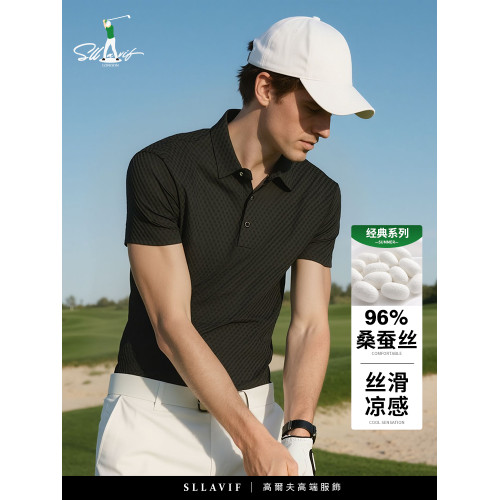Sllavif高級桑蠶絲黑色男t恤男短袖夏季2025新款涼感高爾夫POLO衫