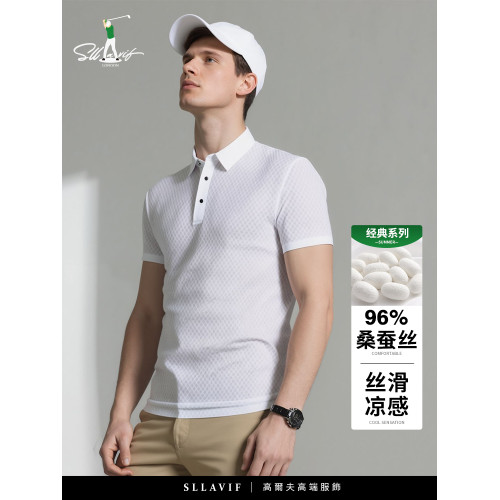 Sllavif高級桑蠶絲黑色男t恤男短袖夏季2025新款涼感高爾夫POLO衫
