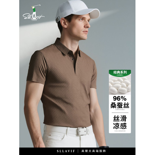 Sllavif高級桑蠶絲黑色男t恤男短袖夏季2025新款涼感高爾夫POLO衫
