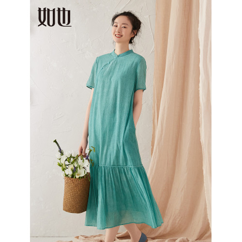 如也原創 純棉100%綠色中式連衣裙女夏季薄款 短袖文藝A字裙