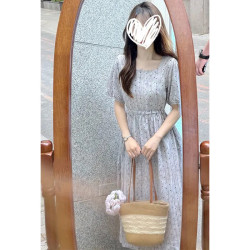 ins少女花園法式氣質方領碎花棉綢連衣裙收腰顯瘦系帶中長款裙子