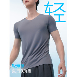 綿陽時代男士夏日輕薄冰絲速乾短袖t恤雞心領V領修身純灰色打底衫