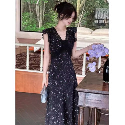 歐洲站夏季女裝2025新款法式復古黑色碎花長裙獨特漂亮掐腰連衣裙