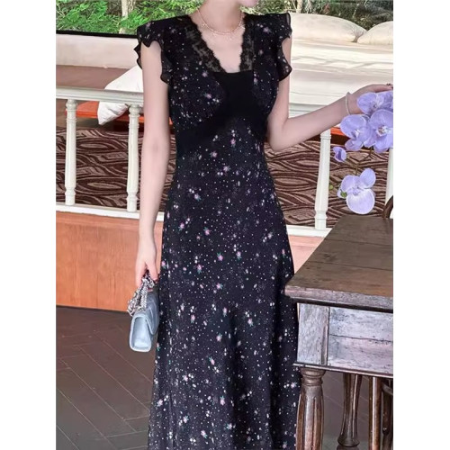 歐洲站夏季女裝2025新款法式復古黑色碎花長裙獨特漂亮掐腰連衣裙