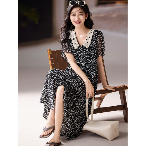素木碎花收腰雪紡連衣裙女2025年夏季新款寬松裙子歐洲站大碼女裝