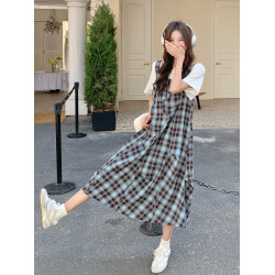 假兩件格紋拼接連衣裙女2025年夏季新款韓系流行超火小個子T恤裙