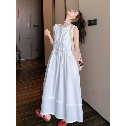 白色溫柔風無袖連衣裙女2025年夏季新款超好看木耳邊拼接背心長裙