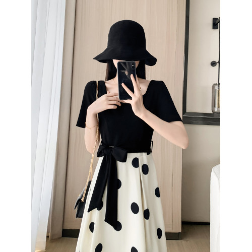 赫本風黑色連衣裙夏女2025新款收腰顯瘦氣質修身波點a字裙小個子