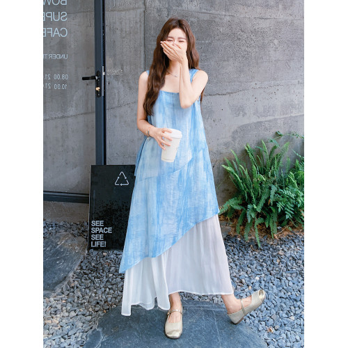 藍色紥染無袖連衣裙女2025夏季新款設計感不規則拼接寬松氣質長裙