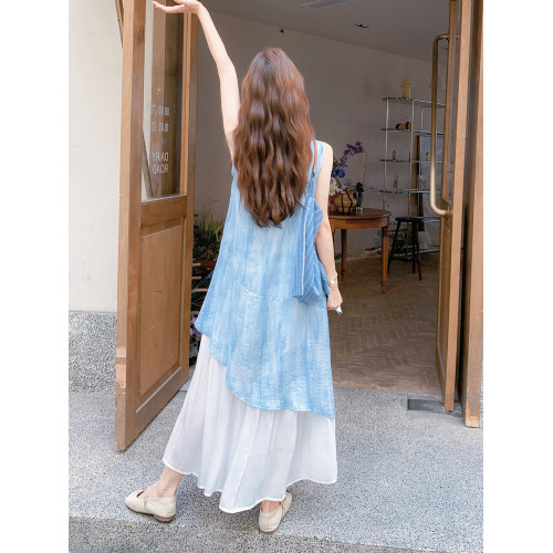 藍色紥染無袖連衣裙女2025夏季新款設計感不規則拼接寬松氣質長裙