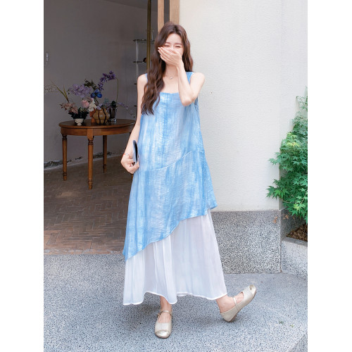 藍色紥染無袖連衣裙女2025夏季新款設計感不規則拼接寬松氣質長裙
