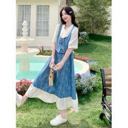 藍色紥染假兩件牛仔連衣裙2025夏季法式漂亮少女減齡顯瘦a字長裙