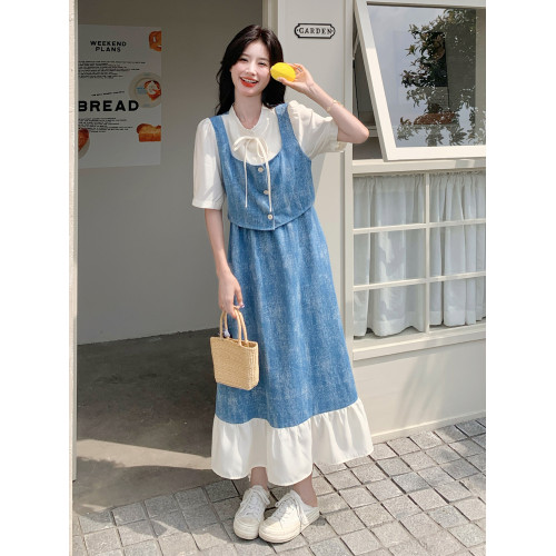 藍色紥染假兩件牛仔連衣裙2025夏季法式漂亮少女減齡顯瘦a字長裙