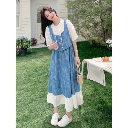 藍色紥染假兩件牛仔連衣裙2025夏季法式漂亮少女減齡顯瘦a字長裙