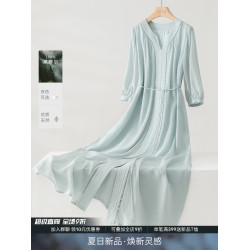 IHIMI海謐100萊賽爾輕薄V領連衣裙女2025夏季高級感時尚收腰長裙
