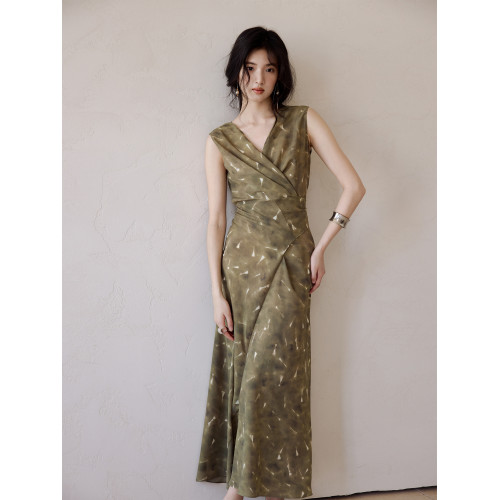 ICTS  油畫藝術感綠圖案圍裹式 綁帶氣質長裙v領顯身材連衣裙夏女