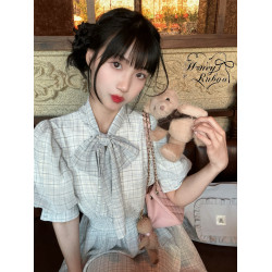 honeyrubao氧氣日襍感少女蝴蝶結泡泡袖日系甜美連衣裙