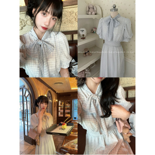 honeyrubao氧氣日襍感少女蝴蝶結泡泡袖日系甜美連衣裙