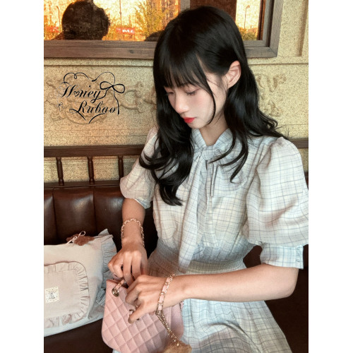 honeyrubao氧氣日襍感少女蝴蝶結泡泡袖日系甜美連衣裙