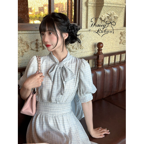 honeyrubao氧氣日襍感少女蝴蝶結泡泡袖日系甜美連衣裙