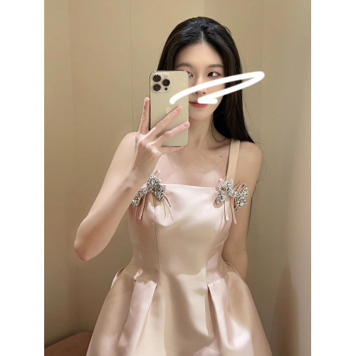 FFmiss◆小香風鑲鑽蝴蝶結緞面收腰連衣裙女夏重工釘珠吊帶蓬蓬裙