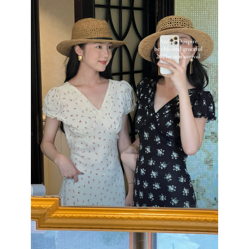 Atelier Onepire|“苔絲”法式V領蕾絲緞面高級感名媛碎花連衣裙
