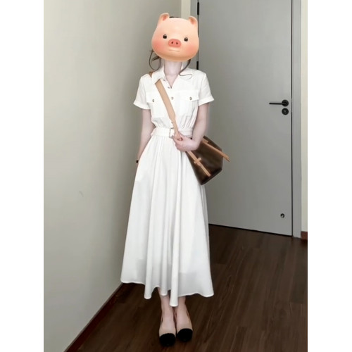 韓系polo領白色短袖襯衫連衣裙子女裝夏季2025新款小個子收腰長裙