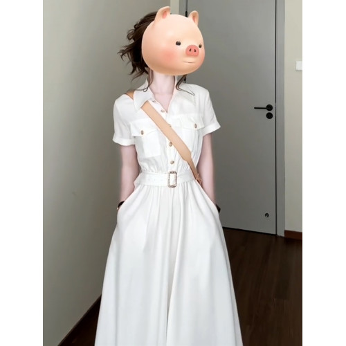 韓系polo領白色短袖襯衫連衣裙子女裝夏季2025新款小個子收腰長裙