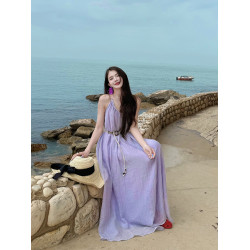 大碼微胖mm法式優雅氣質掛脖吊帶連衣裙女夏季設計感顯瘦寬松長裙