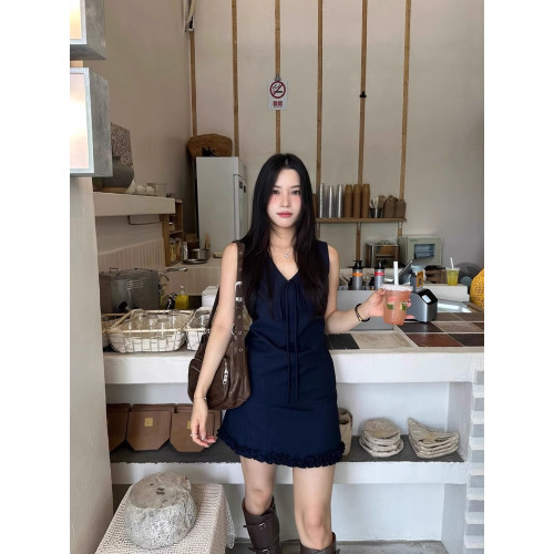 藏青色無袖收腰連衣裙女小個子夏2025新款綁帶木耳邊v領背心短裙