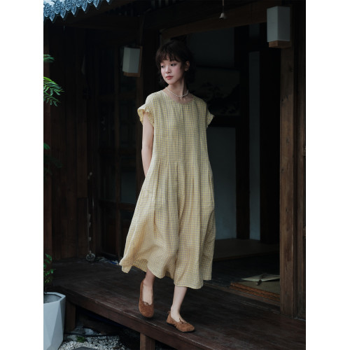 說與山聽「迷宮」兩色色織亞麻連衣裙 木耳邊松弛感日系女夏 6924