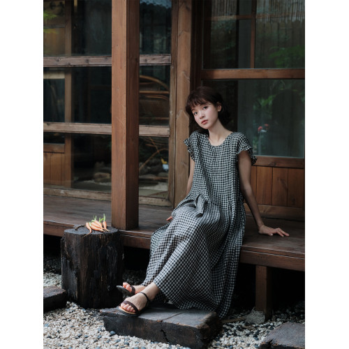 說與山聽「迷宮」兩色色織亞麻連衣裙 木耳邊松弛感日系女夏 6924